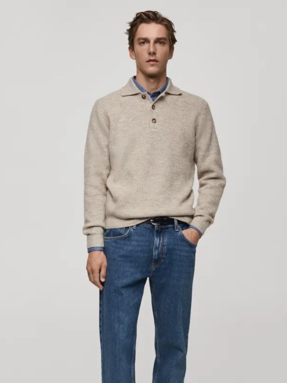 Mango Waffle Knit Polo Sweater